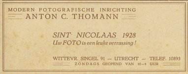 717237 Sinterklaasadvertentie van Anton C. Thomann, fotografische inrichting, Wittevrouwensingel 91 te Utrecht.